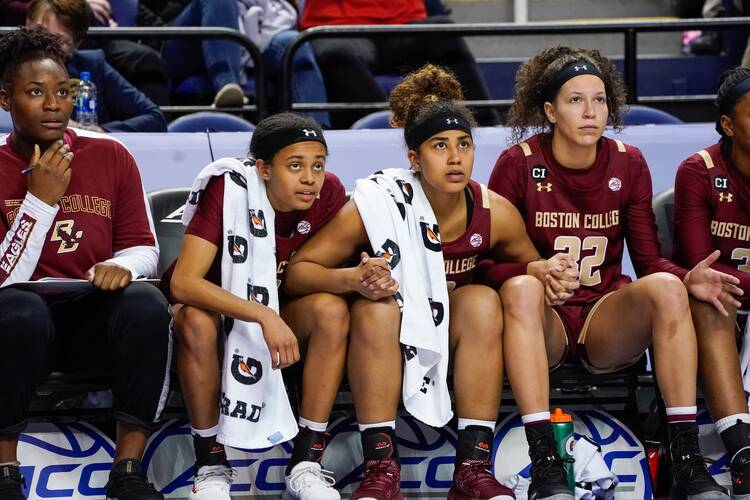 Boston College basketball players are seen March 6, 2020, in Greensboro, N.C. (CNS photo/Jim Dedmon, USA TODAY Sports via Reuters)