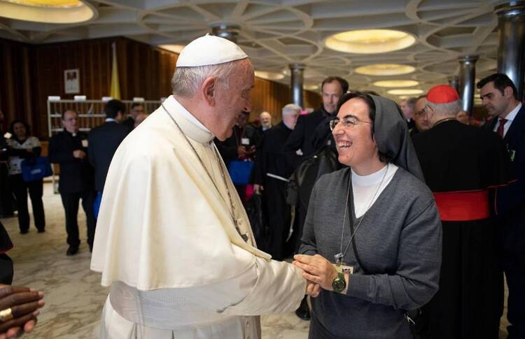 Pope Francis named Salesian Sister Alessandra Smerilli as undersecretary for faith and development at the Dicastery for Promoting Integral Human Development. Sister Smerilli is pictured meeting the pope at the Vatican in an undated photo. (CNS photo/Vatican Media, courtesy Dicastery for Promoting Integral Human Development)