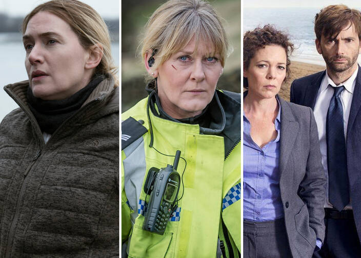 Kate Winselt in ‘Mare of Easttown,’ Sarah Lancashire in ‘Happy Valley’ and Olivia Coleman and David Tennant in ‘Broadchurch’ (photos: HBO/BBC/ITV)