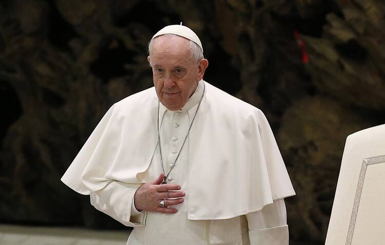 Pope Francis leads his general audience in the Paul VI hall at the Vatican Feb. 16, 2022.