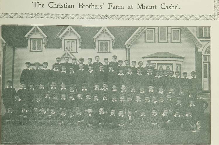 From the Newfoundland Quarterly in 1909: “The Orphan Boys at Mount Cashel, St. Johns, who sowed, reaped and threshed 600 bushels of oats this year at Mount Cashel.” (Wikimedia Commons)