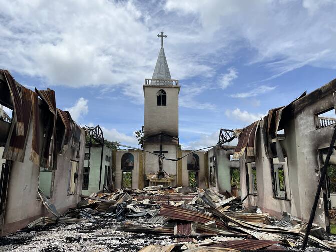 A destroyed St. Matthew Church is seen June 27, 2022, in the village of Daw Ngay Ku, Myanmar, in eastern Kayah state. Myanmar’s military junta was accused of blowing up the Catholic church with landmines and torching it. A more recent church attack blamed on the junta was the burning down of St. Patrick Cathedral in strife-torn northern Kachin state on March 16, 2025, the eve of the revered saint's feast. (OSV News photo/courtesy Amnesty International)