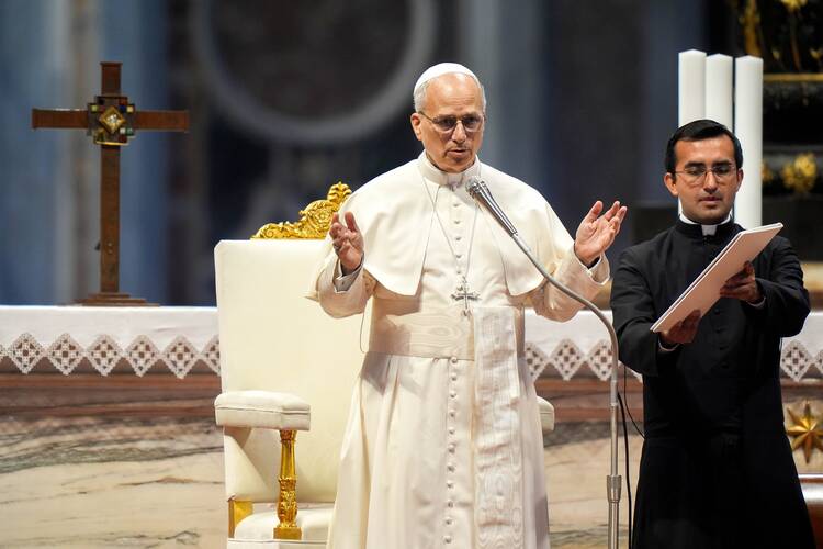 Pope Leo XIV prays at the conclusion of an audience with pilgrims in Rome for the Holy Year 2025 in St. Peter’s Basilica at the Vatican June 14, 2025. (CNS photo/Lola Gomez)