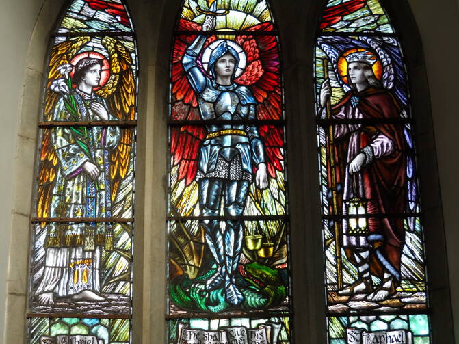 The Archangels Gabriel, Micheal, and Raphael depicted in St Ailbe's Church, in Ireland. (Wikipedia commons)
