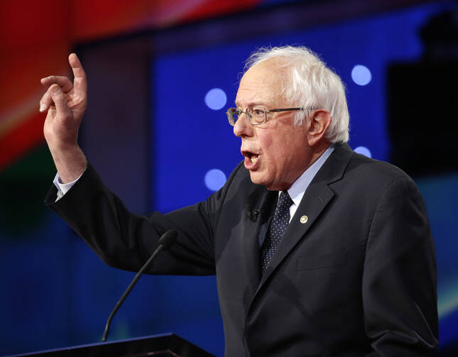 Democratic presidential candidate Sen. Bernie Sanders, I-Vt., speaks during the CNN Democratic Presidential Primary Debate with Hillary Clinton at the Brooklyn Navy Yard on Thursday, April 14, 2016, in New York. (AP Photo/Seth Wenig)