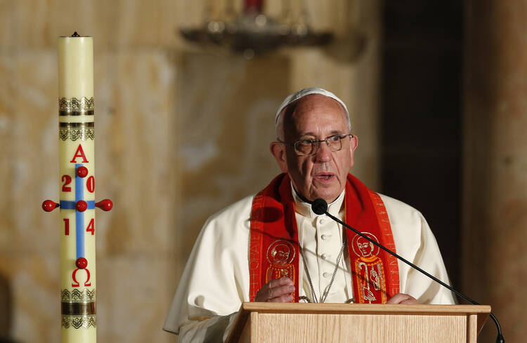Pope Francis speaks as he leads a meeting with priests, men and women religious and seminarians in the Church of All Nations at the foot of the Mount of Olives in Jerusalem on May 26
