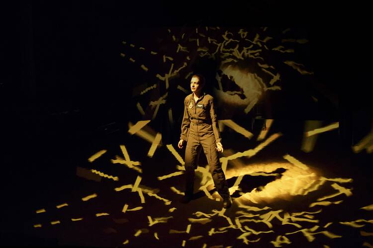 OUT OF THE BLUE YONDER. Anne Hathaway in "Grounded" (Photo credit: Joan Marcus). 