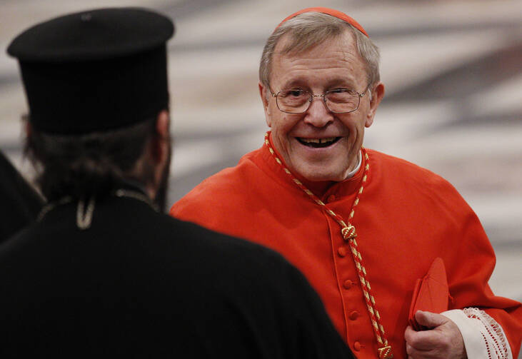 Cardinal Walter Kasper arrives for Pope Francis' ecumenical vespers at the Basilica of St. Paul Outside the Walls in Rome Jan. 25., 2014 (CNS Photo, Paul Haring).