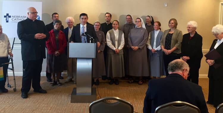 Keep the Ban on Death Penalty. Tom Venzor, head of the Nebraska Catholic Conference, speaks at a press event in Nebraska Thursday. (Courtesy: Nebraska Catholic Conference)