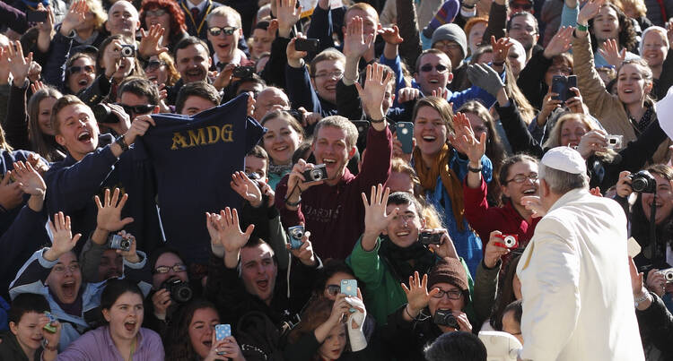 POPE STAR. Students from the Gaming, Austria, campus of Franciscan University of Steubenville, Ohio, show some love for Pope Francis in St. Peter's Square, March 5.