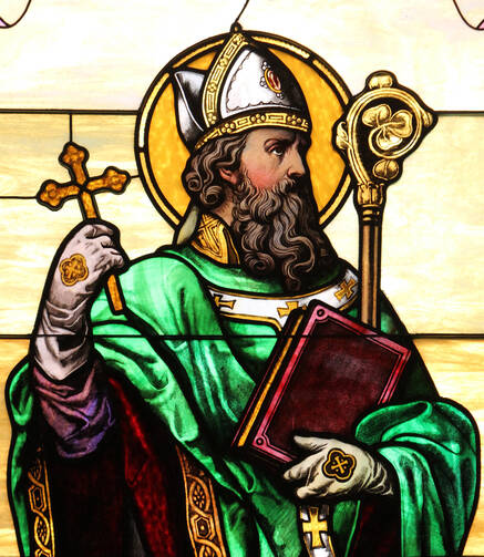 St. Patrick is depicted in a stained-glass window at the Co-Cathedral of St. Joseph in Brooklyn, N.Y. (CNS photo/Gregory A. Shemitz) 