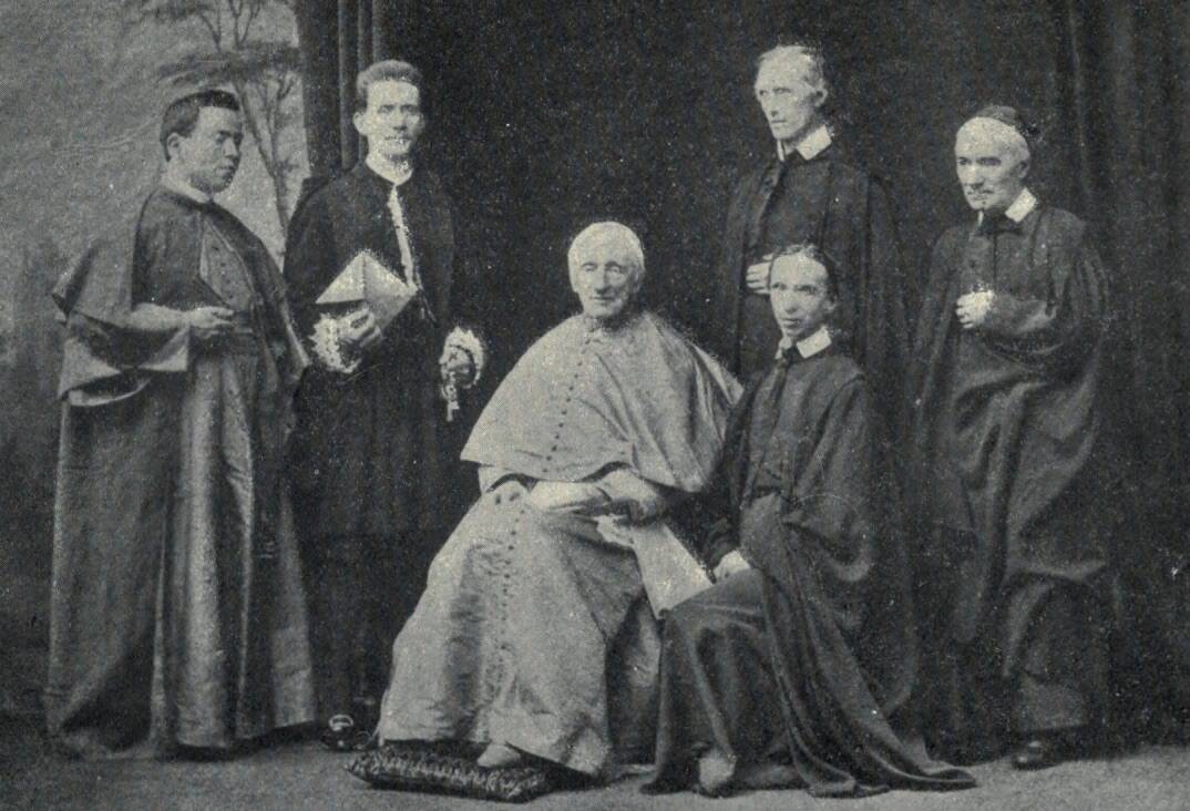 From right to left: Father Thomas Pope, Father William Neville, Father Paul Eaglesim, Cardinal Newman, the Cardinal's 'Gentiluomo', the 'Caudatario', or Trainbearer.