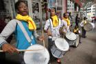 Members of Chicago's St. Malachy School drum corps play during a rally for school choice outside an Illinois state building in Chicago in September 2014. (CNS photo/Karen Callaway, Catholic New World)