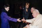 Pope John Paul II greets Dolores O'Riordan, lead singer of Irish pop group The Cranberries, in 2001 at the Vatican. The 46-year-old Catholic lead singer of the Irish band was found dead on Jan. 15 in her London hotel room. (CNS photo/L'Osservatore Romano via Reuters)